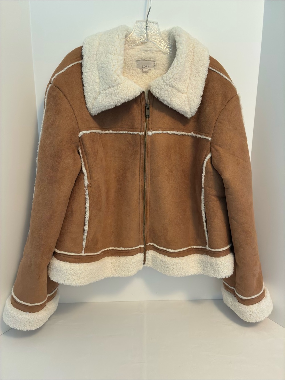 LOFT Faux Suede Shearling Aviator Jacket Tan Size XL